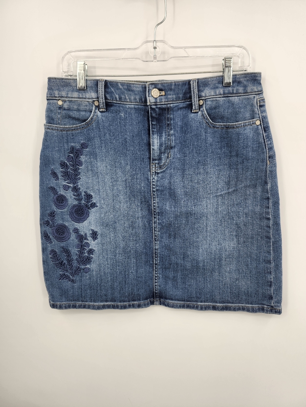 TALBOTS Embroidered Floral Blue Denim Skirt 8P‎